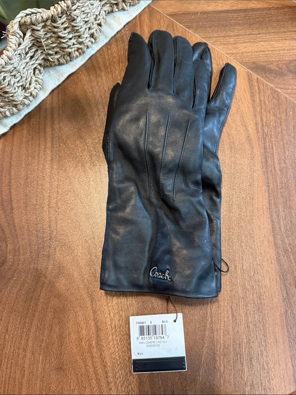 Coach Black Leather Long Gloves with Logo